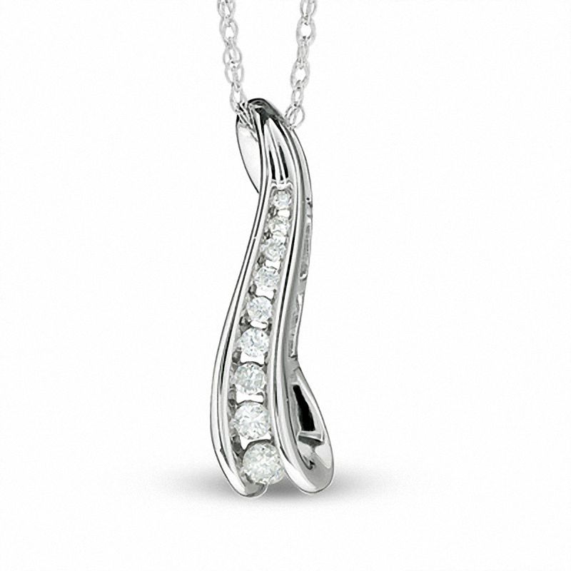 Main Image 1 of 1/10 CT. T.W. Journey Diamond Channel Wave Pendant in 10K White Gold