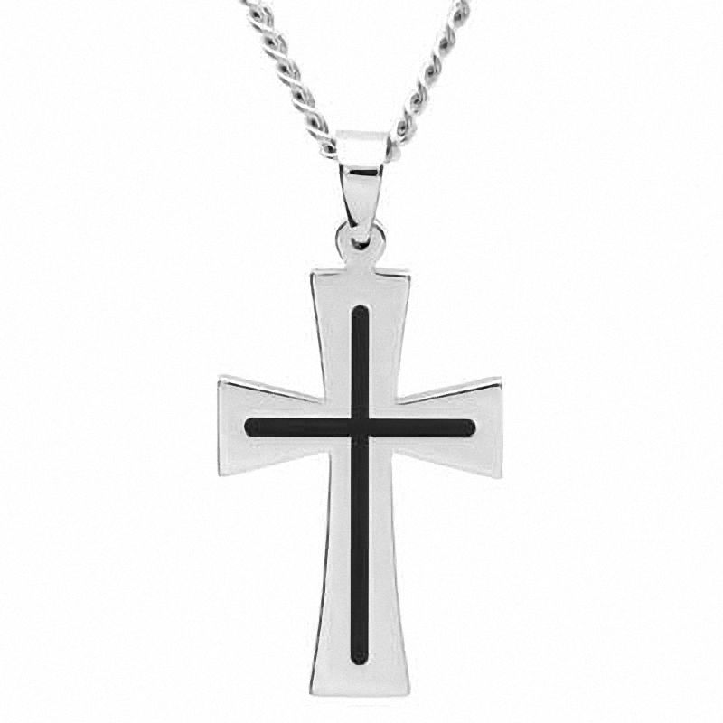 Men's Stainless Steel and Black Resin Inlay Cross Pendant