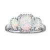 Thumbnail Image 1 of Cushion-Cut Lab-Created Opal Three Stone Ring with Diamond Accents in 14K White Gold