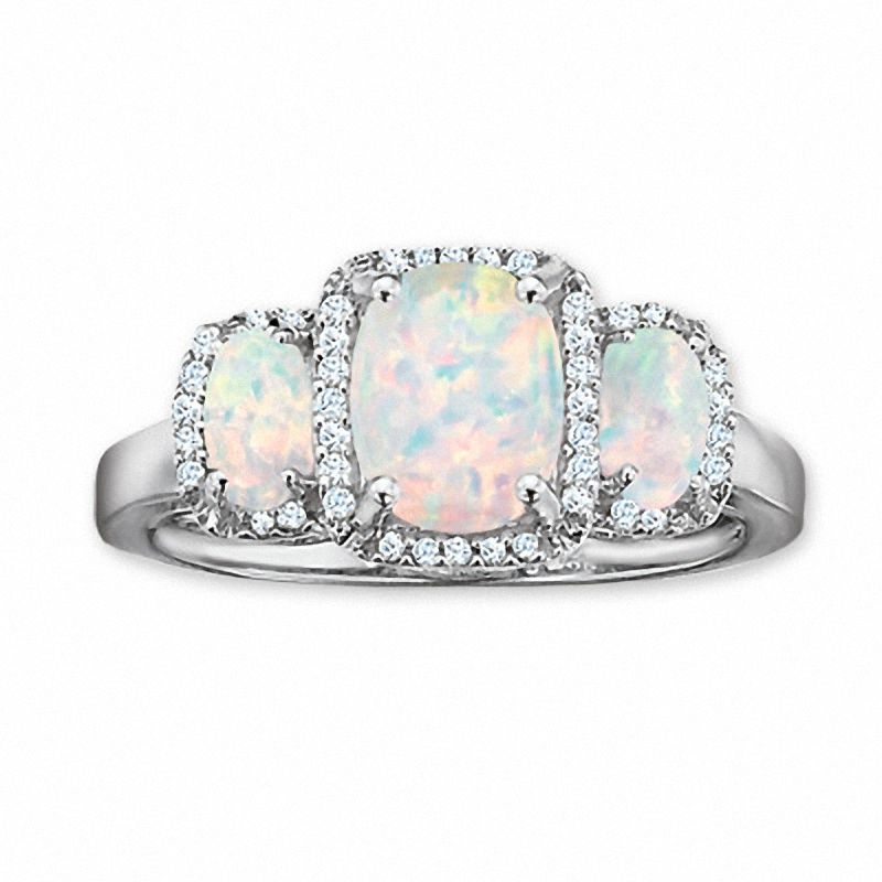Cushion-Cut Lab-Created Opal Three Stone Ring with Diamond Accents in 14K White Gold