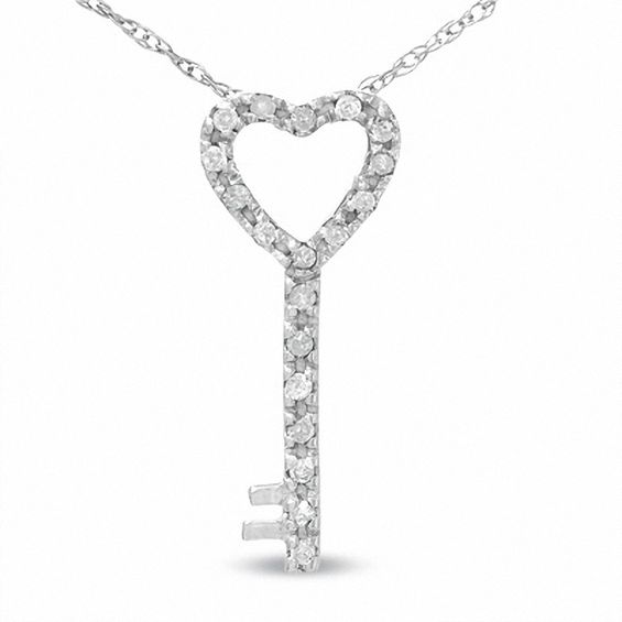 1/10 CT. T.w. Diamond Key with Heart Pendant in 10K White Gold