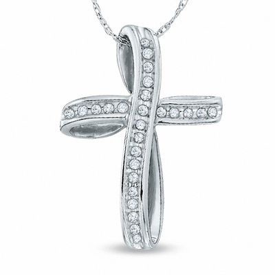 1/15 CT. T.W. Baguette and Round Diamond Cross Pendant in 10K Gold | Zales