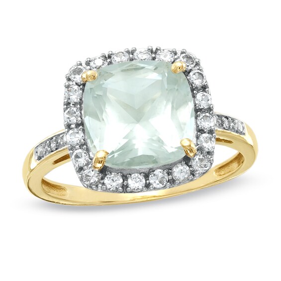 Cushion-Cut Green Quartz and Lab-Created White Sapphire Ring in 10K Gold with Diamond Accents