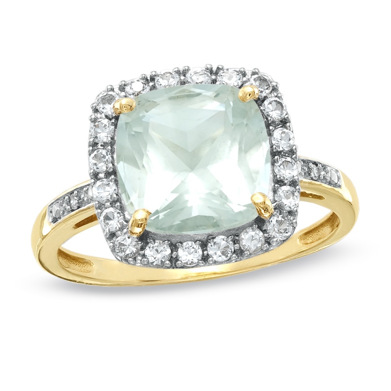 Main Image 1 of Cushion-Cut Green Quartz and Lab-Created White Sapphire Ring in 10K Gold with Diamond Accents