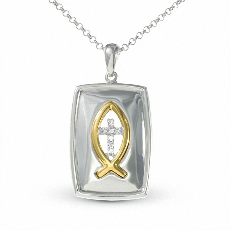 Main Image 1 of Heartfelt Collection Sterling Silver and 14K Gold Fish and Cross Pendant with Diamond Accents