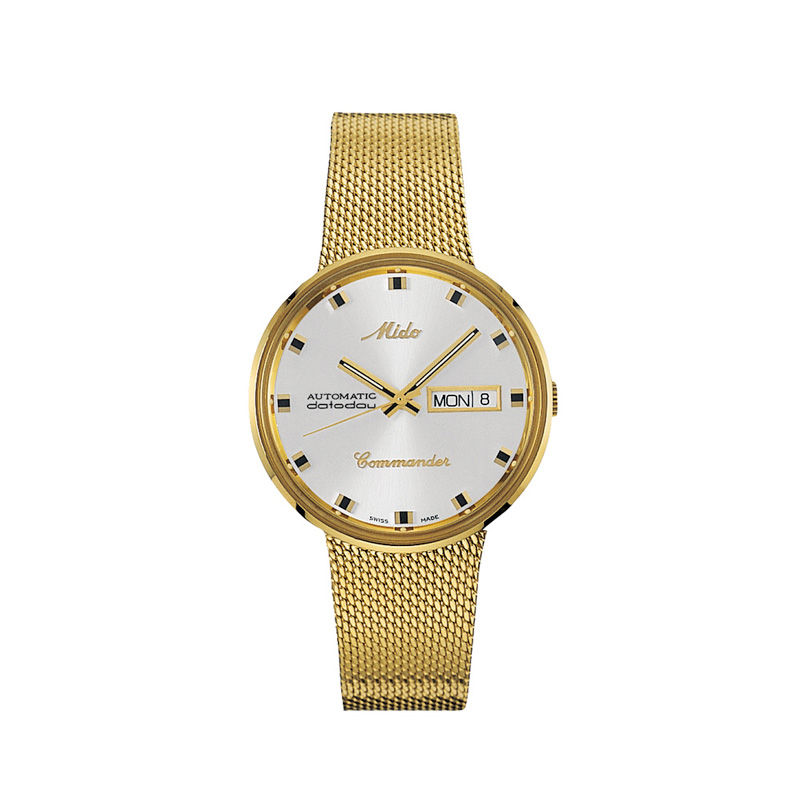 Men's MIDO® Commander Gold-Tone Mesh Automatic Watch with White Dial (Model: M8429.3.21.13)