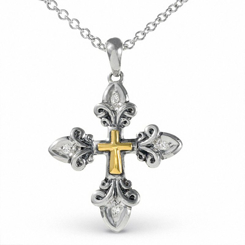 Main Image 1 of Heartfelt Collection Sterling Silver and 14K Gold Fleur-de-Lis Cross Pendant with Diamond Accents