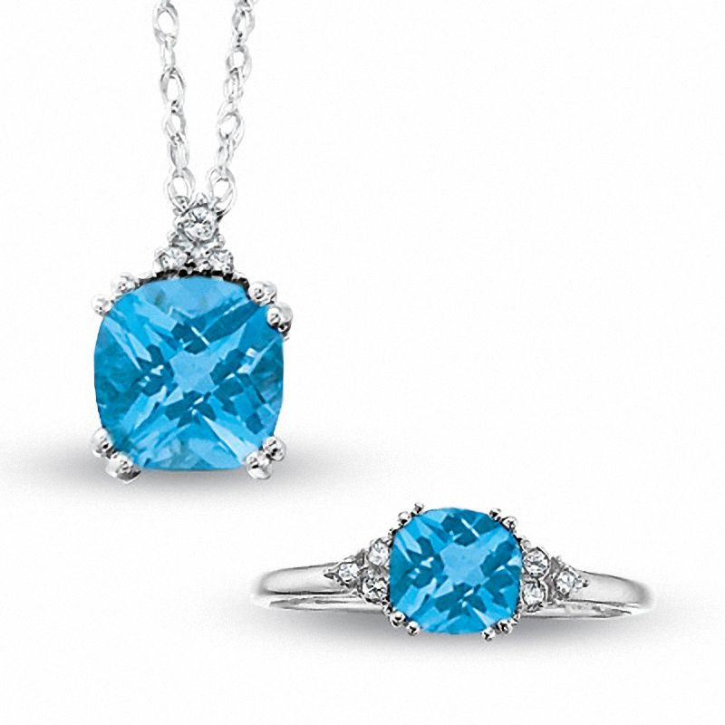 Main Image 1 of Blue Topaz Pendant and Ring Set with Diamond Accents in 14K White Gold
