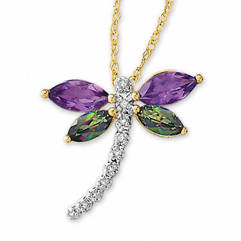 Main Image 1 of Mystic Topaz and Amethyst Dragonfly Pendant with Diamond Accents in 10K Gold