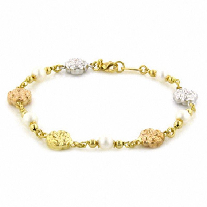 Main Image 1 of 18K Tri-Tone Gold Flower and Cultured Pearl Bracelet