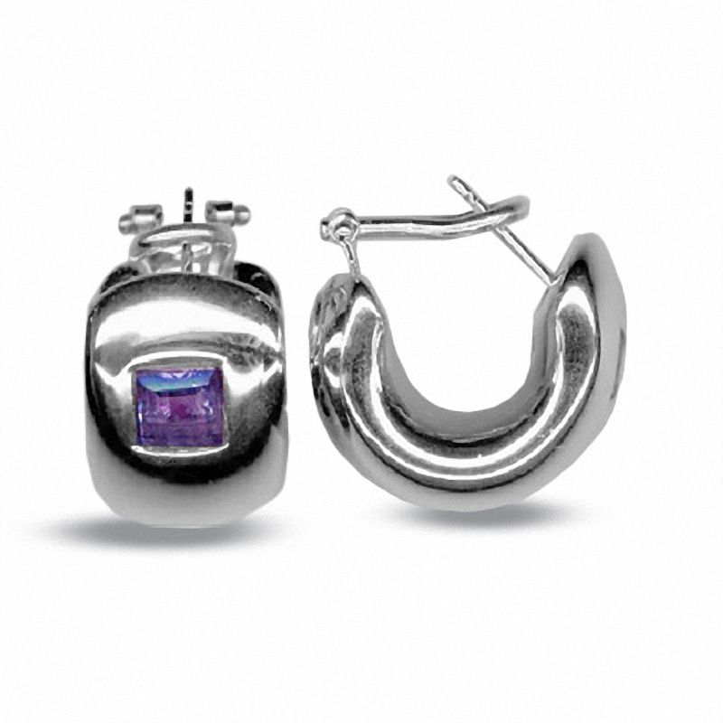 Main Image 1 of 18K White Gold J-Hoop Earrings with Square Amethyst Gemstone