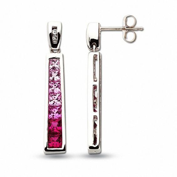 Lab-Created Square Pink Sapphire Earrings in 10K White Gold with Diamond Accents
