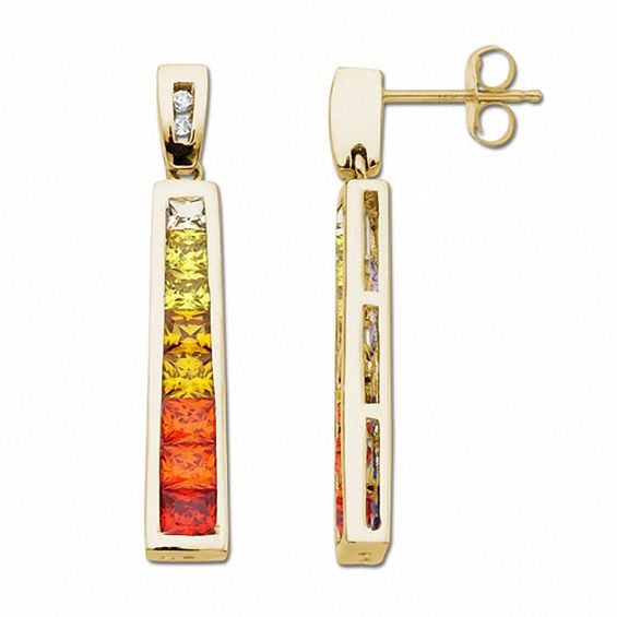Lab-Created Square Citrine and Padparascha Earrings in 10K Gold with Diamond Accents