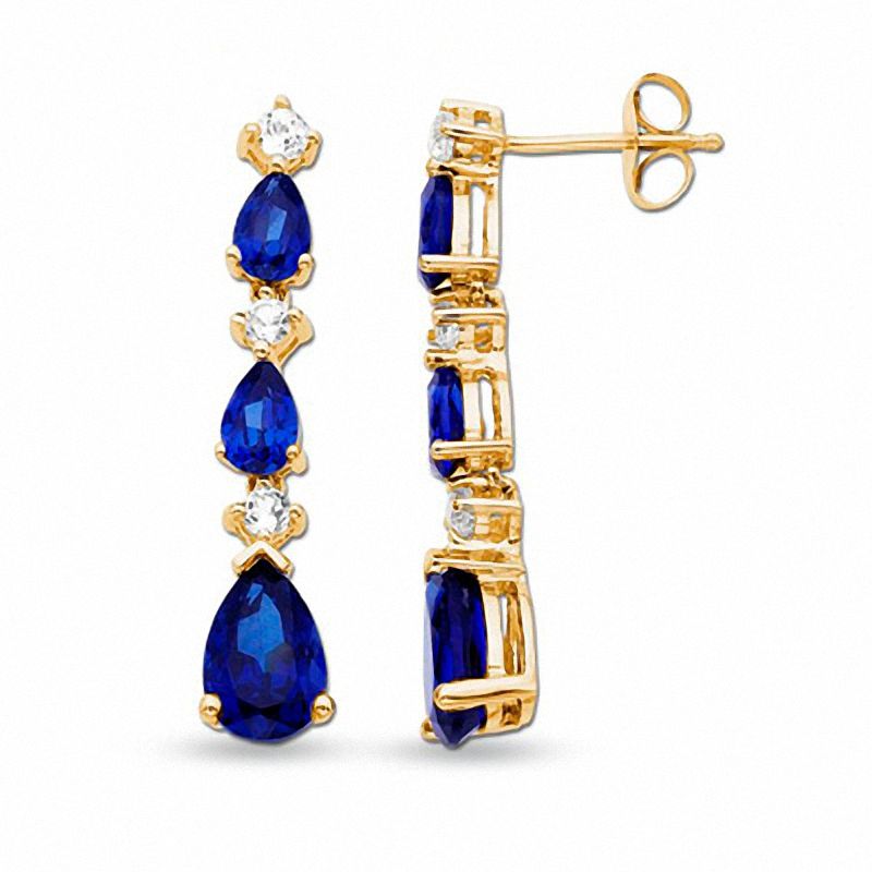 Main Image 1 of Pear-Shaped Lab-Created Blue Sapphire Dangle Earrings with White Sapphire Accents in 10K Gold