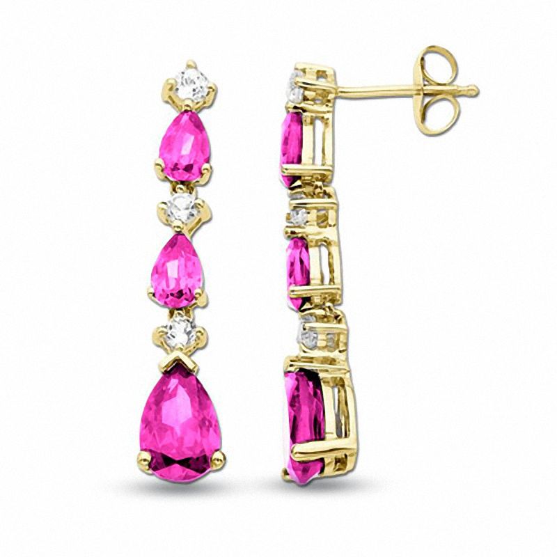 Main Image 1 of Pear-Shaped Lab-Created Pink Sapphire Dangle Earrings in 10K Gold