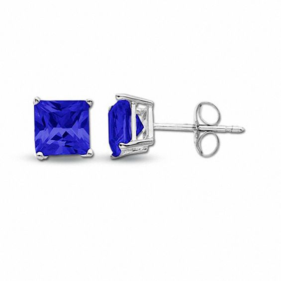 Lab-Created Princess Cut Blue Sapphire Earrings in 10K White Gold