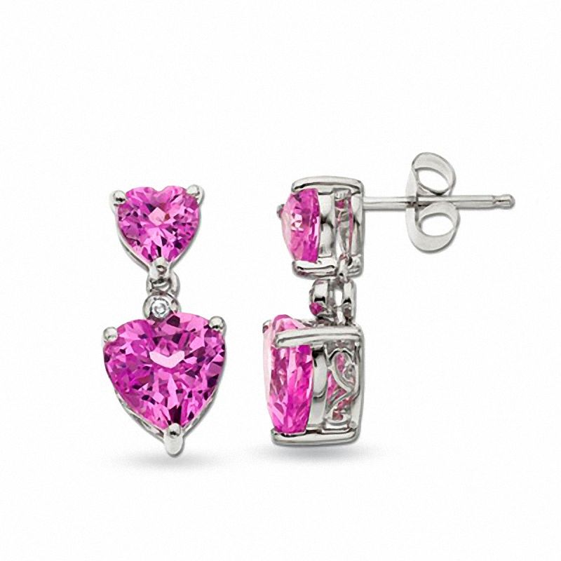 Main Image 1 of Lab-Created Heart-Shaped Pink Sapphire Earrings in 10K White Gold with Diamond Accents