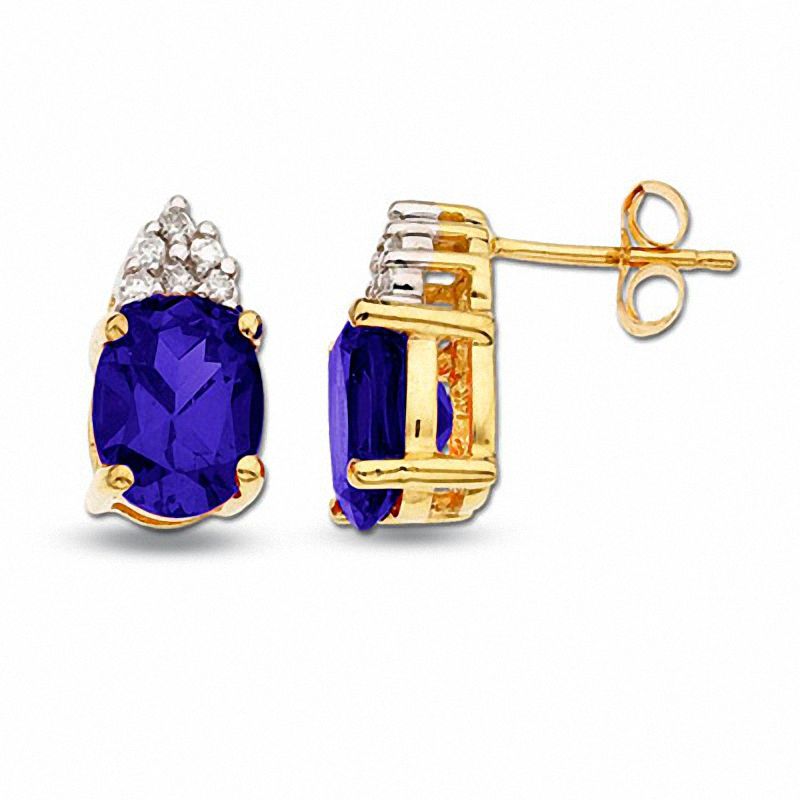 Main Image 1 of Oval Ceylon Sapphire Earrings in 14K Gold with Diamond Accents