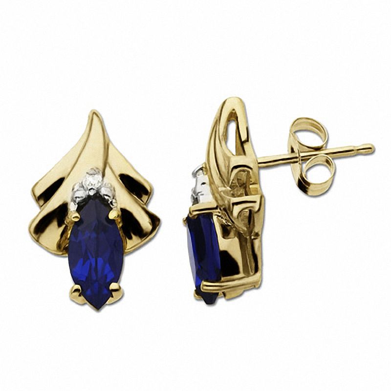 Main Image 1 of Lab-Created Oval Blue Sapphire Earrings with Diamond Accents in 14K Gold