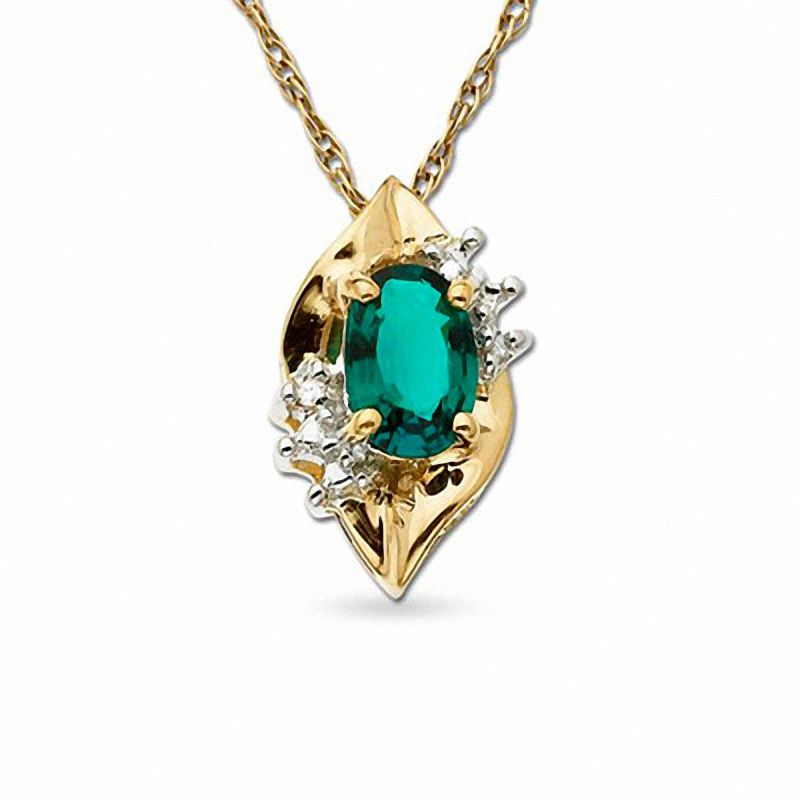 Main Image 1 of Oval Lab-Created Emerald Pendant with Diamond Accents in 10K Gold
