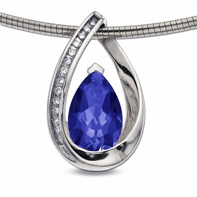 Main Image 1 of Pear-Shaped Ceylon Sapphire Drop Pendant in 10K White Gold with Diamond Accents