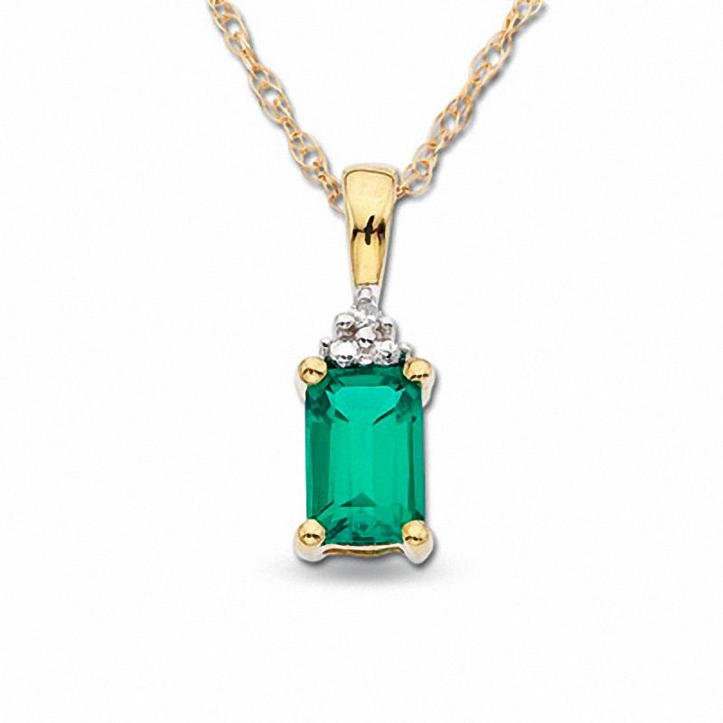 Main Image 1 of Lab-Created Emerald Pendant in 10K Gold with Diamond Accents