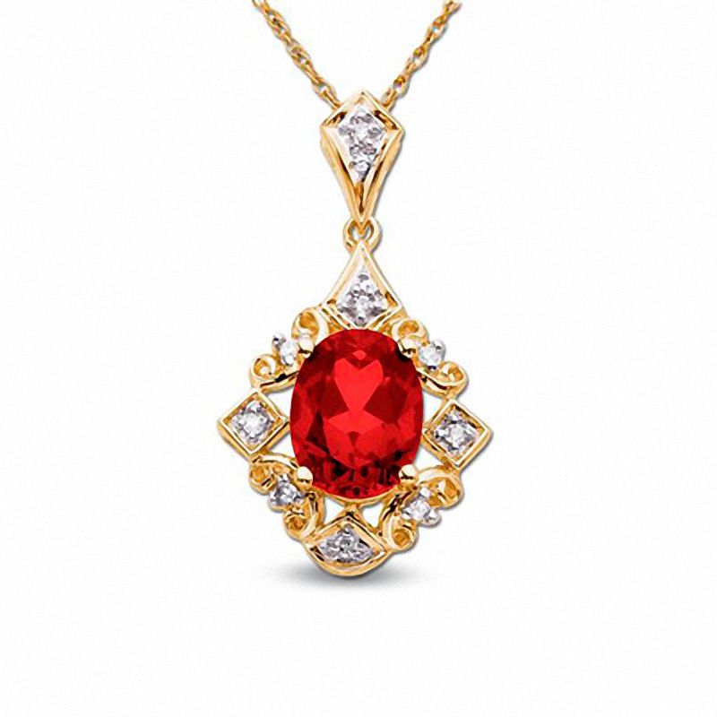 Main Image 1 of Oval Lab-Created Ruby Pendant in 10K Gold with Diamond Accents