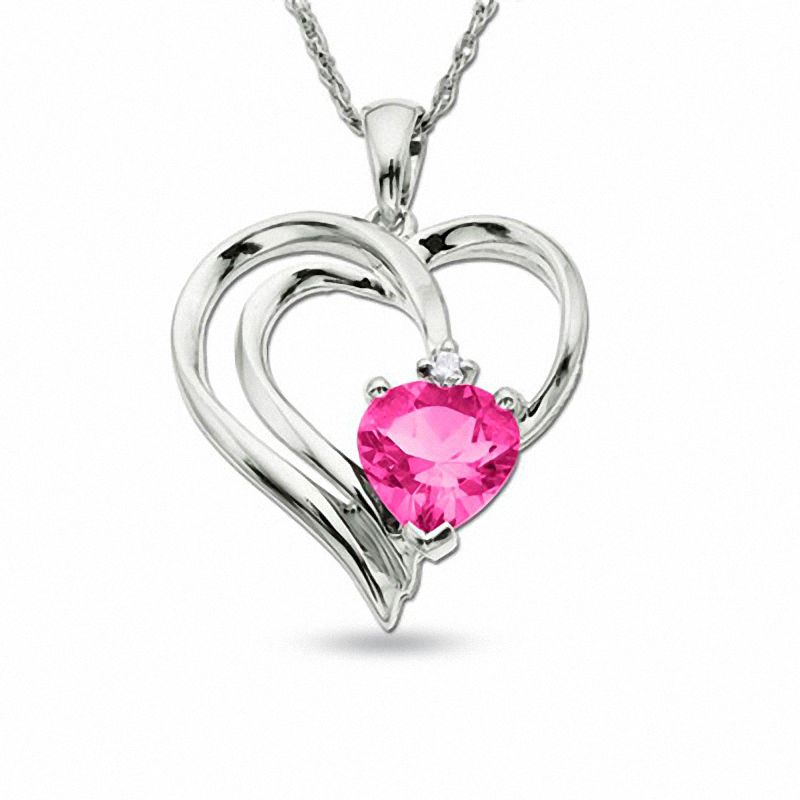 Main Image 1 of Lab-Created Pink Sapphire Heart Shaped Pendant in 10K White Gold with a Diamond Accent