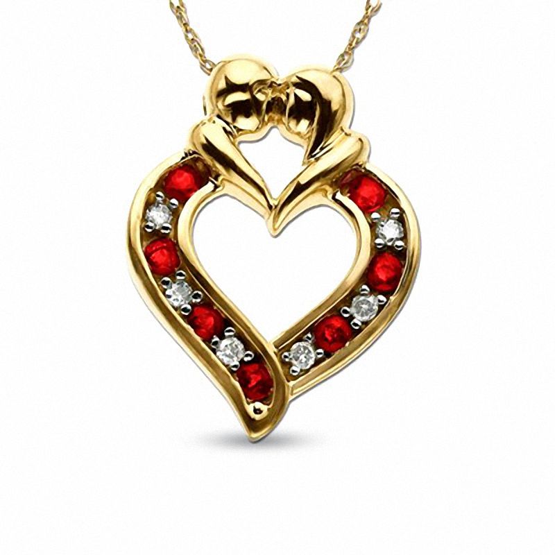 Main Image 1 of Lab-Created Ruby Heart Pendant in 10K Gold with Diamond Accents