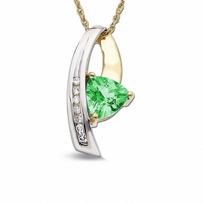 Main Image 1 of Trillion-Cut Lab-Created Green Blue Sapphire Pendant in 10K Gold with Diamond Accents