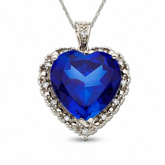 Lab-Created Blue Sapphire and Diamond Heart Pendant in 10K White Gold