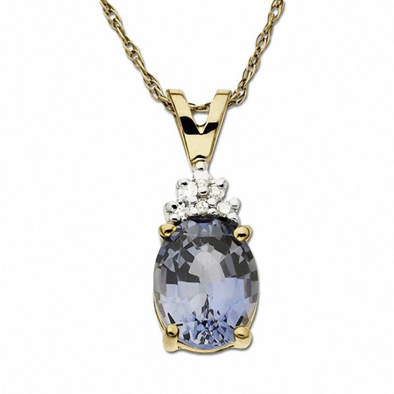Main Image 1 of Oval Lab-Created Ceylon Sapphire Pendant in 10K Gold with Diamond Accents