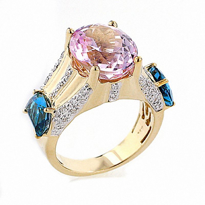Main Image 1 of Oval Pink Kunzite & London Blue Topaz Diamond Accent Ring in 14K Gold