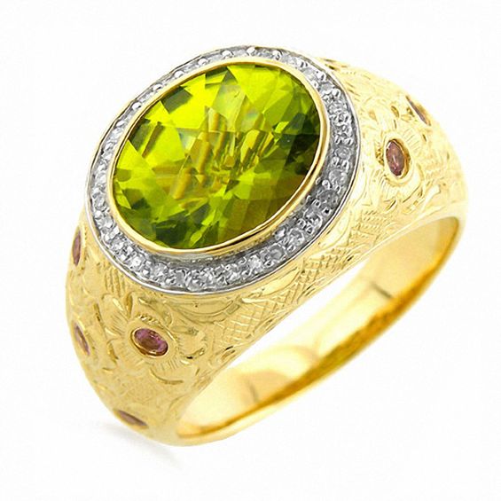 Peridot and Pink Tourmaline Ring with Diamond Accents in 14K Gold