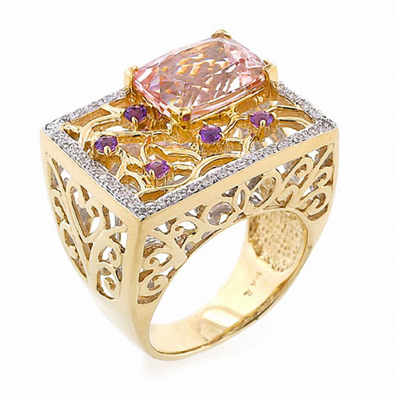 Cushion-Cut Pink Morganite with Amethyst and Diamond Accents in 14K Gold
