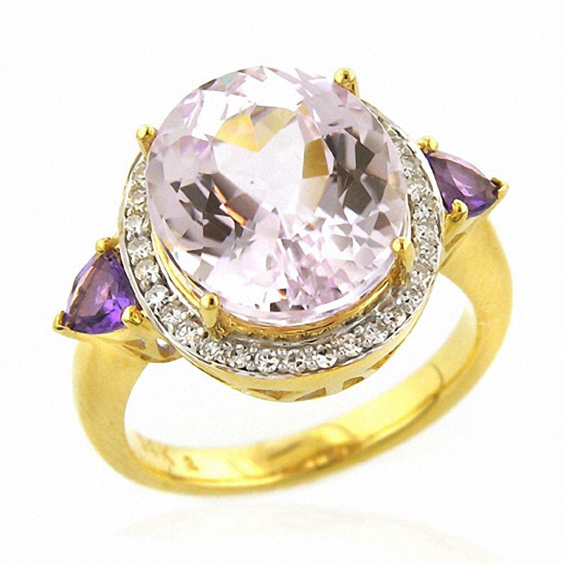 Oval Kunzite, Amethyst, and Diamond Ring in 14K Gold