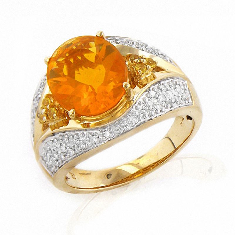 Brazilian Fire Opal and Sapphire Ring with Diamond Accents in 14K Two-Tone Gold