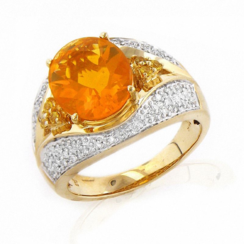 Main Image 1 of Brazilian Fire Opal and Sapphire Ring with Diamond Accents in 14K Two-Tone Gold