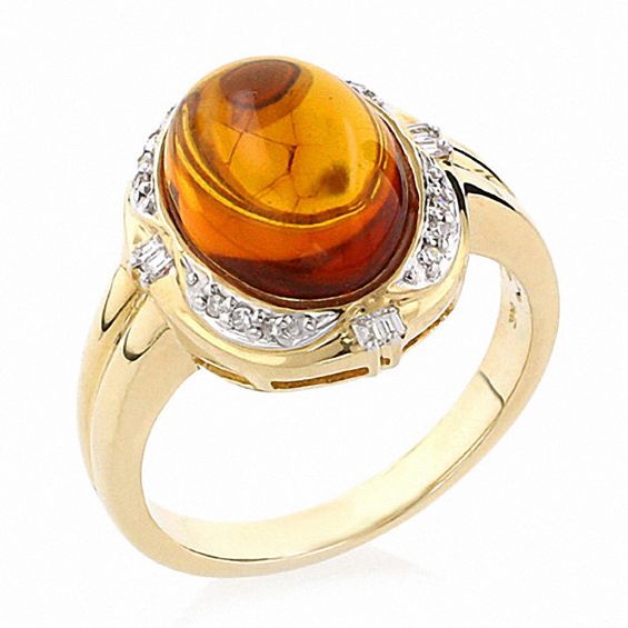 14K Gold Oval Amber Ring with Diamond Accents