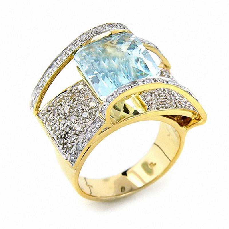 Main Image 1 of Square Aquamarine Ring in 14K Gold with Diamond Accents