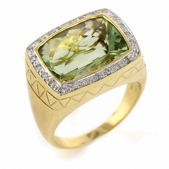 Cushion-Cut Green Quartz and Diamond Accent Ring in 14K Gold