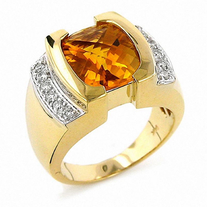 Main Image 1 of Square Citrine Ring with Diamond Accents in 14K Gold