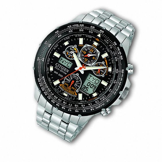 Men's Citizen Eco-DriveÂ® Promaster Skyhawk A-T Chronograph Titanium Watch with Black Dial (Model: Jy0010-50E)