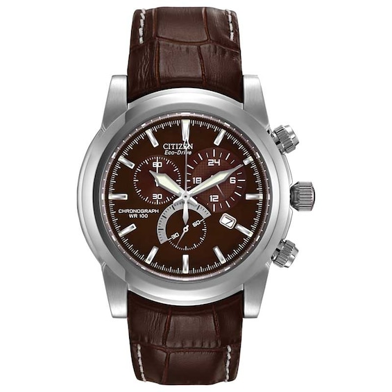 Men's Citizen Eco-DriveÂ® Stainless Steel Chronograph Watch with Brown Dial and Brown Strap (Model: At0550-11X)