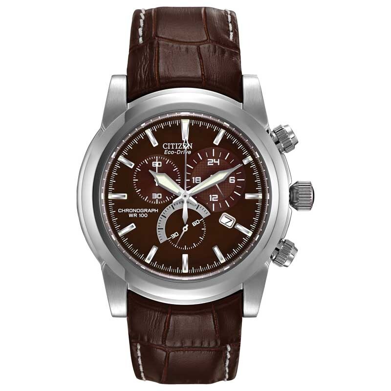 Main Image 1 of Men's Citizen Eco-Drive® Stainless Steel Chronograph Watch with Brown Dial and Brown Strap (Model: AT0550-11X)