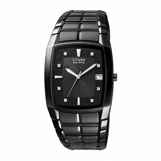 Mens Black Citizen Eco-Drive Watch with Tonneau Black Dial (Model: Bm6555-54E)
