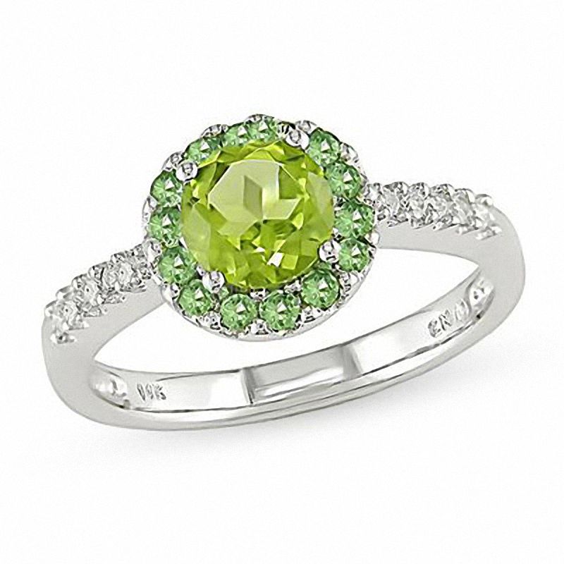 Peridot & Tsavorite Ring with Diamond Accents in 14K White Gold