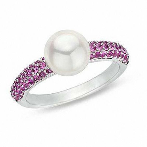 Freshwater Cultured Pearl and Pink Sapphire Ring in 14K White Gold