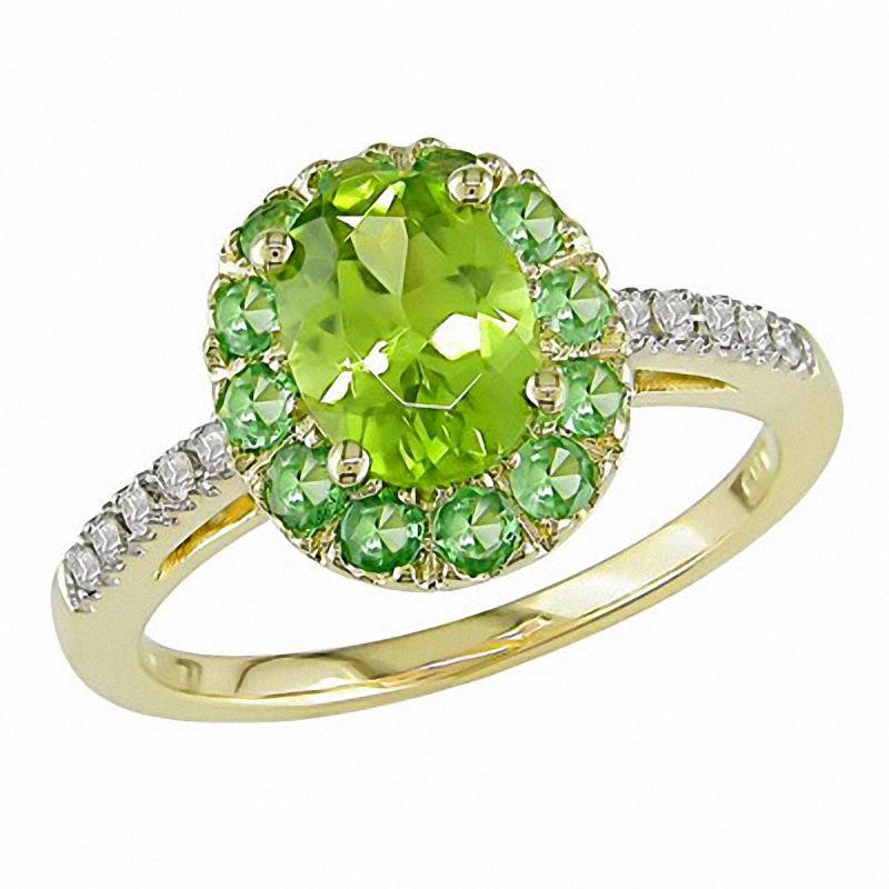 Main Image 1 of Oval Peridot & Tsavorite Ring with Diamond Accents in 14K Gold