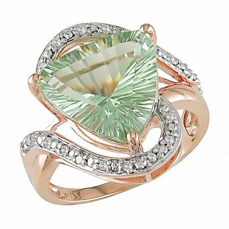Main Image 1 of Trillion Green Quartz Ring with Diamond Accents in 14K Gold